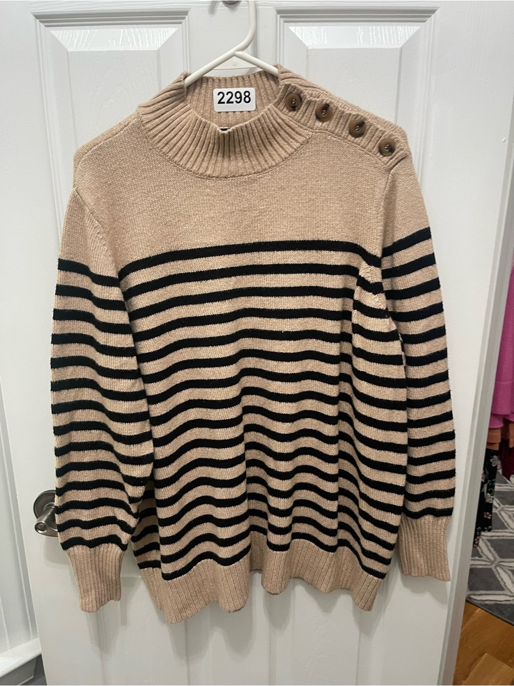 Chaps Beige and Black Striped Turtleneck Sweater with Shoulder Buttons
